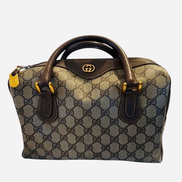 Gucci Brown Leather Satchel with Monogram Canvas - Picture 5 of 16